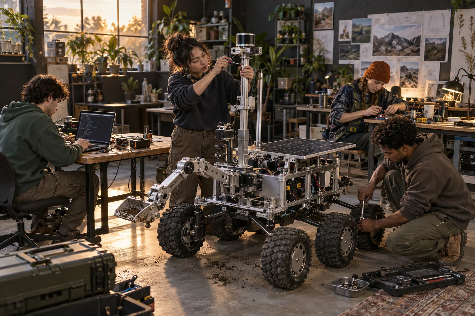 Four young makers coding, assembling electronics and building an environmental research rover