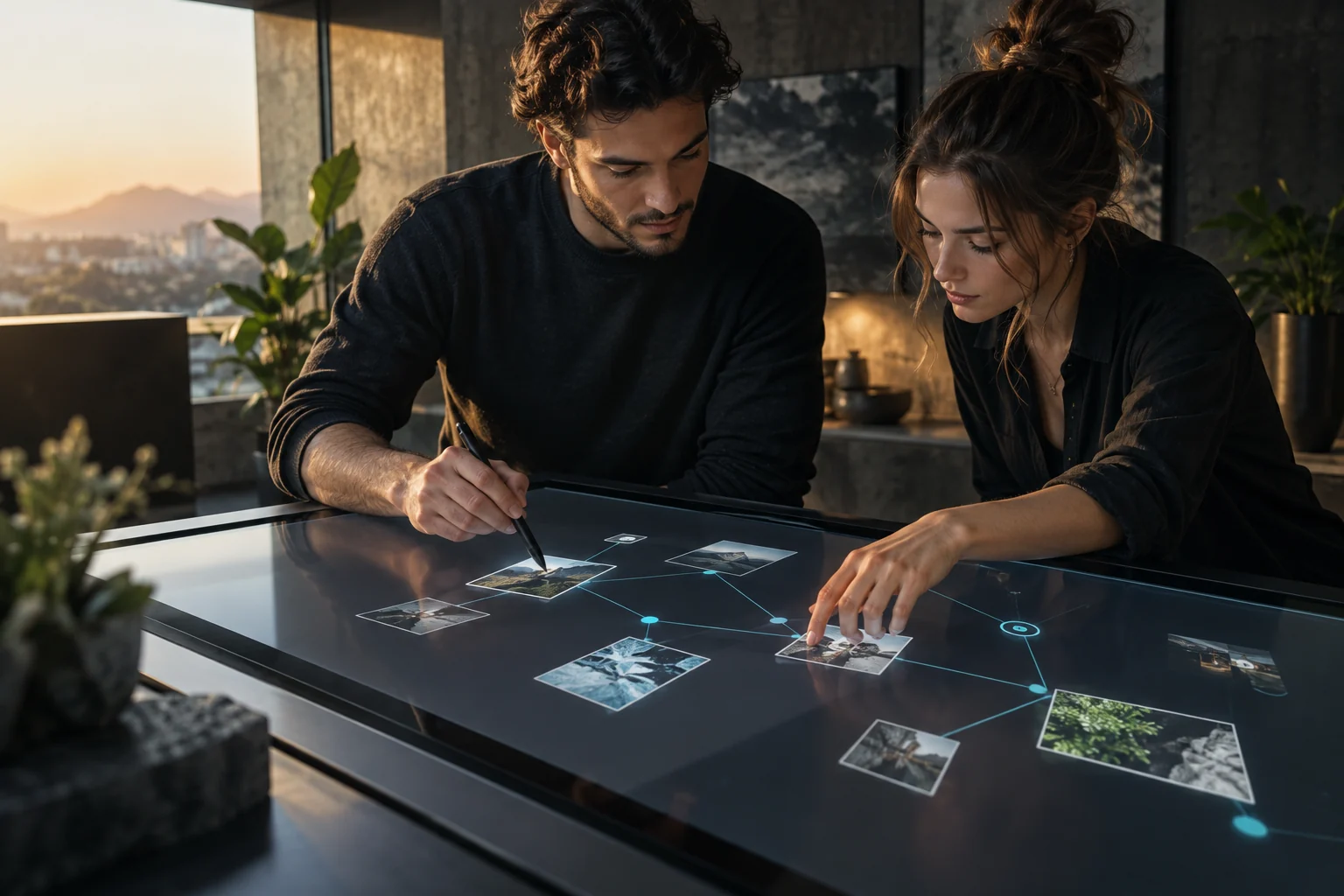 Two people at a lit table, connecting images and notes into one picture