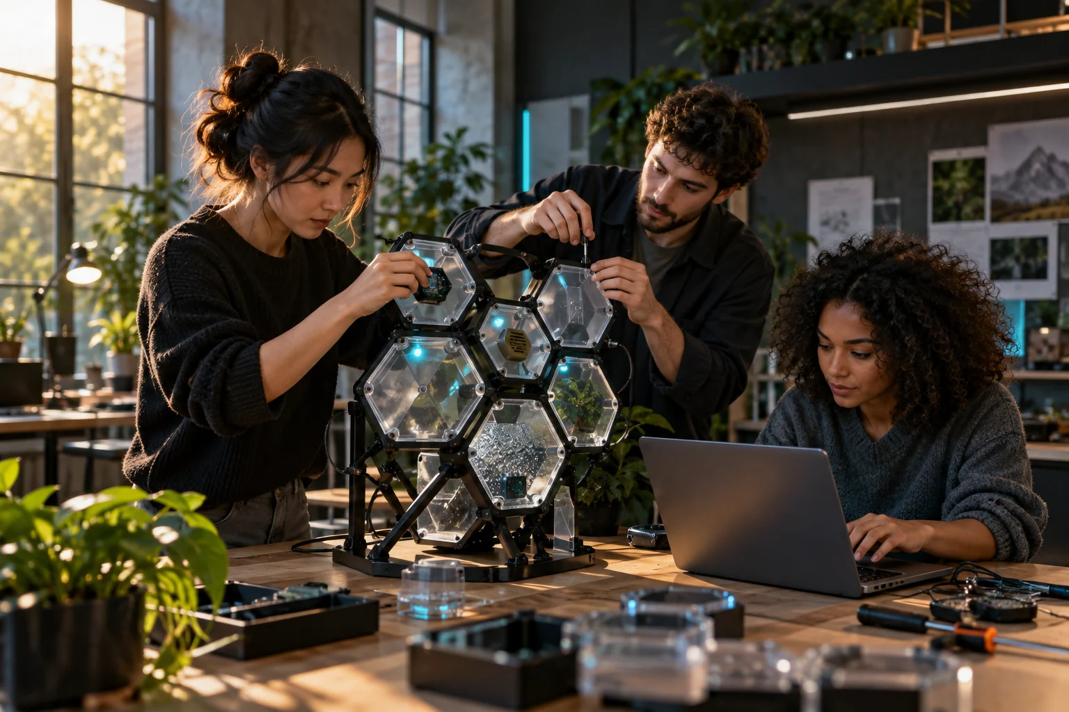 People assembling a hexagonal sensor structure together