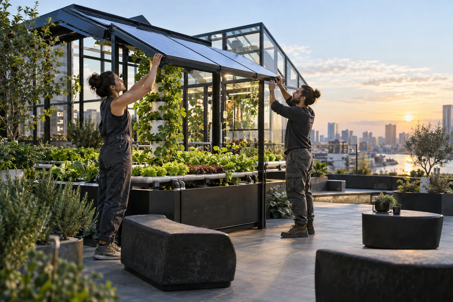 A rooftop growing laboratory above a city, lit at dusk